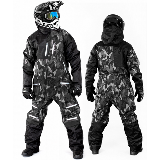 "All-Terrain Stealth: High-Performance Snowmobile Suit in Camo Black"