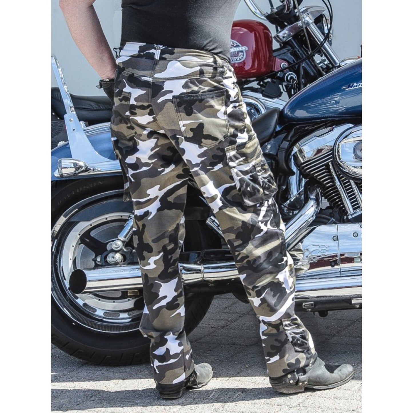 Herre motorcykeljeans – Camo grå Ranger med sidelommer | CE 17092-certificeret beskyttende køredenim med Kevlar og panserlommer