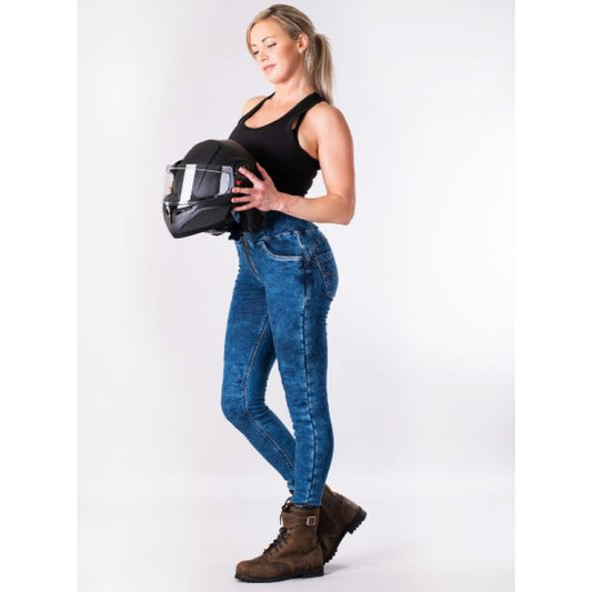 Lady Denim Motorcycle Leggings – Dirty Blue, Kevlar Reinforced, CE Armor, Stretch Fit, Stylish Protective Riding Gear for Women Riders