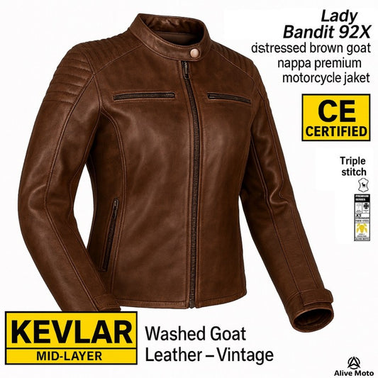 Lady Bandit 92X Brown Goat Nappa Motorcycle Leather Jacket – CE Level-2 Protection & DuPont™ Kevlar®
