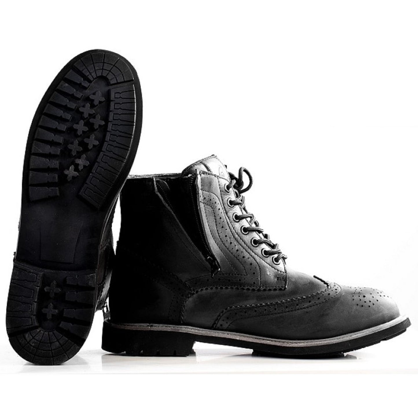 Black Textured WP Waterproof Brogue Motorcycle Boots — Premium Cowhide Leather, Dual-Density Anti-Shock Sole, TPU Heel Protection and Secure Lace-Zip Closure for Unisex