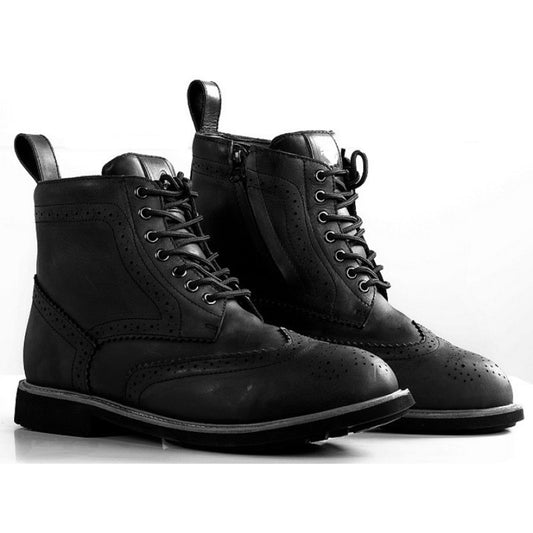 Black Textured WP Waterproof Brogue Motorcycle Boots — Premium Cowhide Leather, Dual-Density Anti-Shock Sole, TPU Heel Protection and Secure Lace-Zip Closure for Unisex
