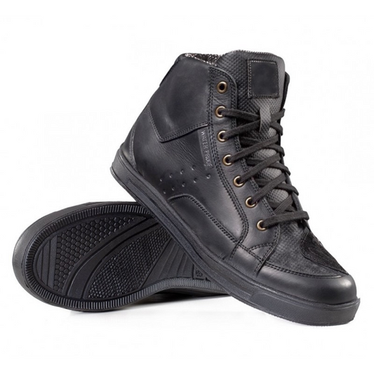 Blacktide Level-2 CE Waterproof Riding Sneakers with premium leather, breathable membrane, reinforced anti-slip sole, adjustable calf strap, and zipper closure for Unisex