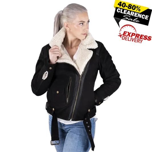 Lady Aviator Black Nubuck Shearling Jacket – Premium Lambskin, Warm Shearling Lining, Classic Fit, Winter Essential