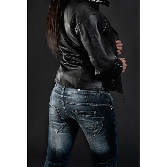 Women's Motorcycle Jeans – Lady Commander "Dirty Blue" | CE 17092 Certified Protective Riding Denim with Kevlar & Armor Pockets