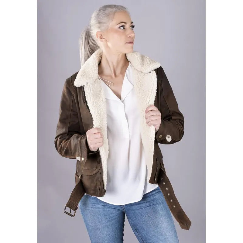 Lady Aviator Brown Nubuck Shearling Jacket – Alive Moto FJ-92-023, Premium Lambskin, Fur Lining, Classic Fit, Winter Essential