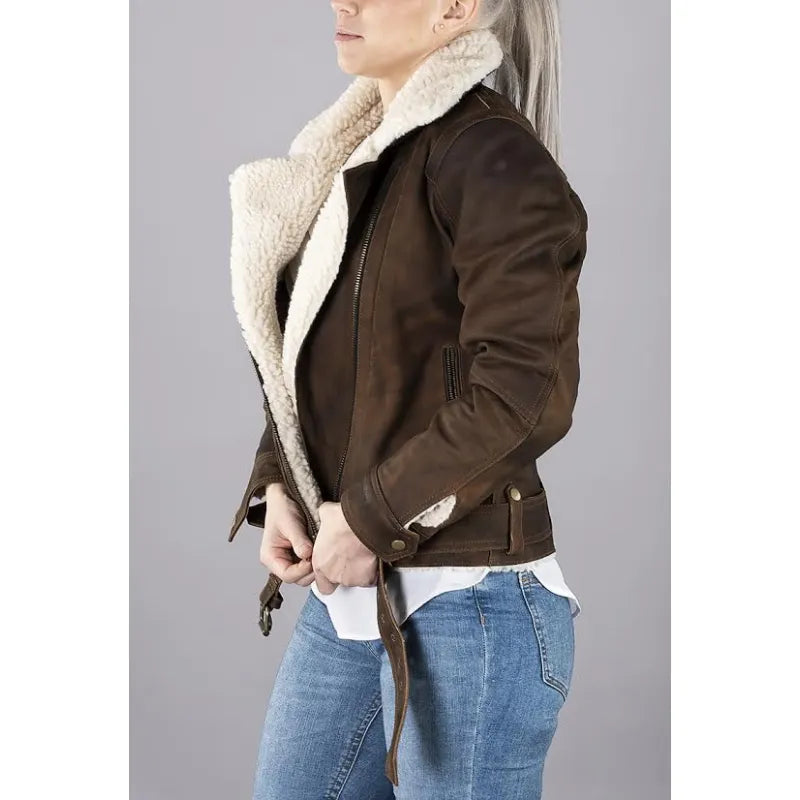 Lady Aviator Brown Nubuck Shearling Jacket – Alive Moto FJ-92-023, Premium Lambskin, Fur Lining, Classic Fit, Winter Essential