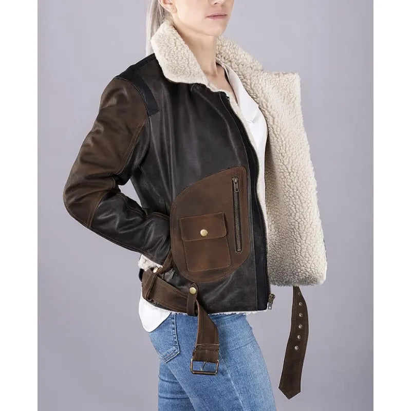 Lady Aviator Vintage Shearling Leather Jacket – Alive Moto FJ-92-021, Premium Finish, Warm Fur Lining, Classic Flight Style