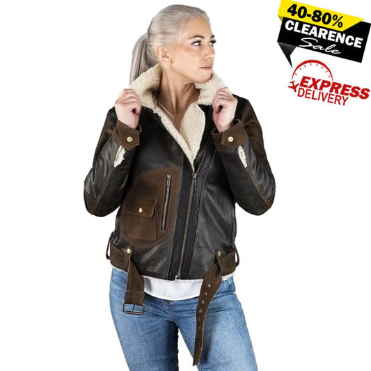 Lady Aviator Vintage Shearling Leather Jacket – Alive Moto FJ-92-021, Premium Finish, Warm Fur Lining, Classic Flight Style