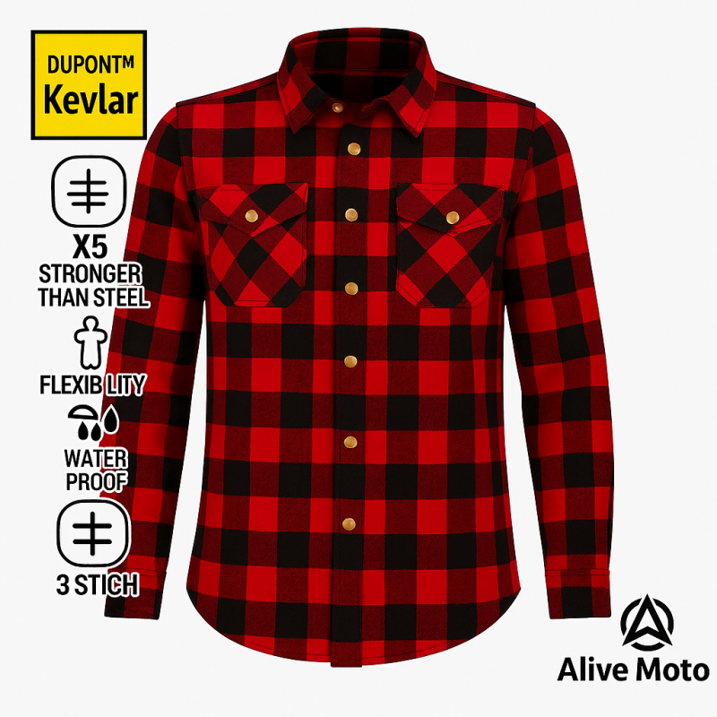 Women’s Red/Black Flannel Motorcycle Shirt with DuPont™ Kevlar® – CE Certified EN 17092-4:2020 – Armoured, Water-Repellent, All-Weather Riding Shirt (XXS–6XL)