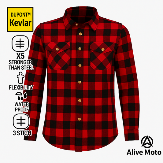 Women’s Red/Black Flannel Motorcycle Shirt with DuPont™ Kevlar® – CE Certified EN 17092-4:2020 – Armoured, Water-Repellent, All-Weather Riding Shirt (XXS–6XL)