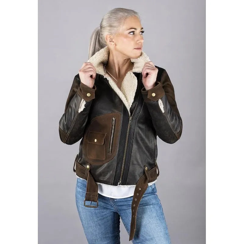 Lady Aviator Vintage Shearling Leather Jacket – Alive Moto FJ-92-021, Premium Finish, Warm Fur Lining, Classic Flight Style