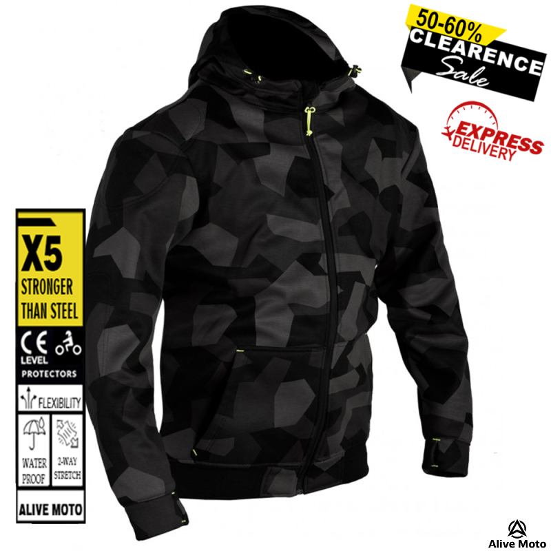 MC Premium Camo Grey Motorcycle Hoodie – CE Level-2 Armor & Full DuPont™ Kevlar® Lining