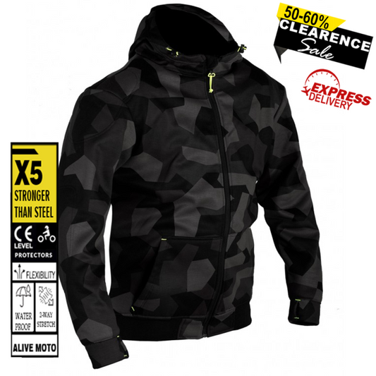 Motorcycle Premium Camo Grey Hoodie – CE Certified, Full Kevlar® Lined, Water-Repellent