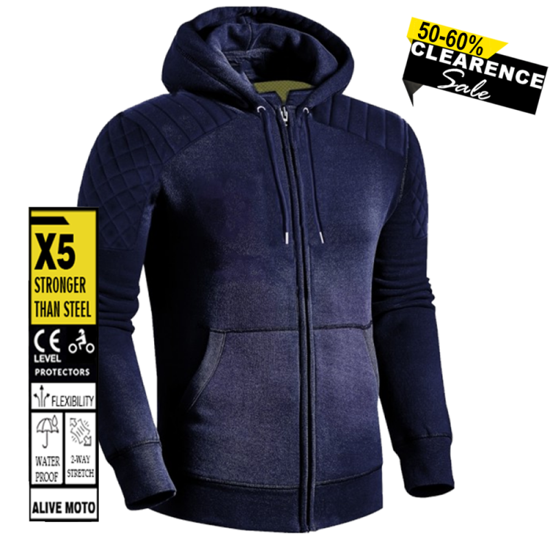 Motorcycle Premium Classic Navy Blue Hoodie – CE Certified, Kevlar® Lined, Water-Repellent Urban Riding Gear