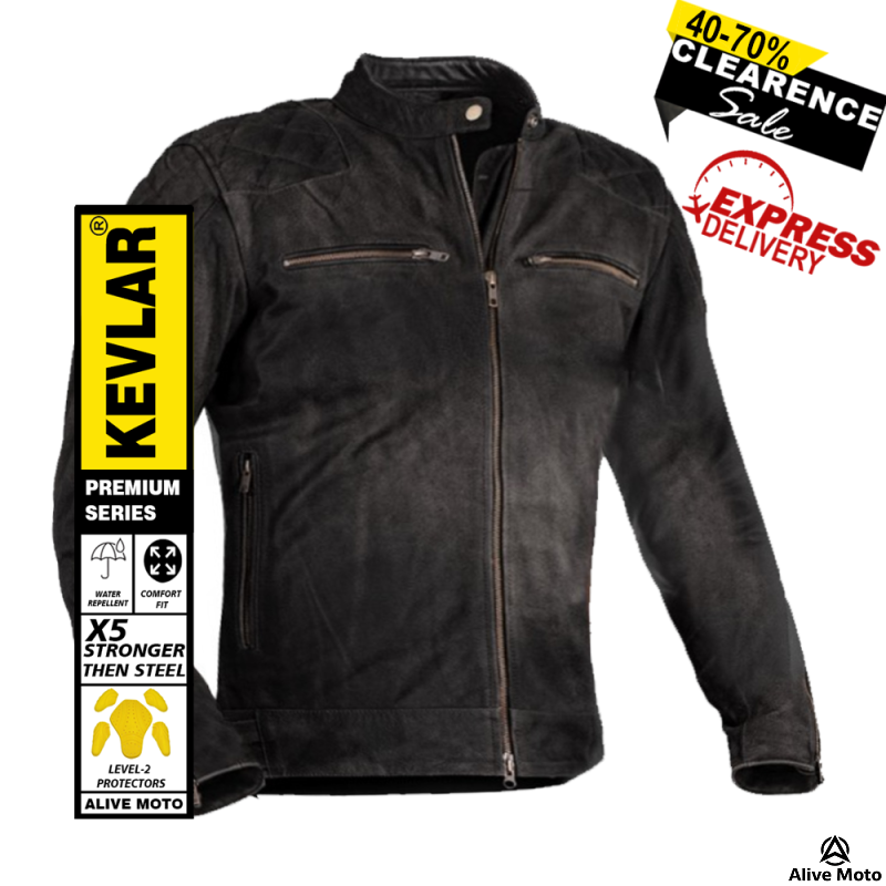Men’s Premium Black Vintage Nubuck Leather Motorcycle Jacket – CE Level-2 Protection & DuPont™ Kevlar®