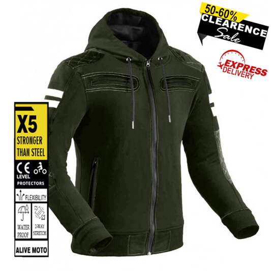Premium Rival Army Green Motorcycle Hoodie – CE Level-2 Protection | Waterproof DuPont™ Kevlar® Lined Sweater (XXS–6XL)