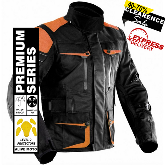 Premium Dynatech Orange Fluorescent & Black Motorcycle Textile Jacket – All-Weather, CE-Certified, Durable & Protective Riding Gear