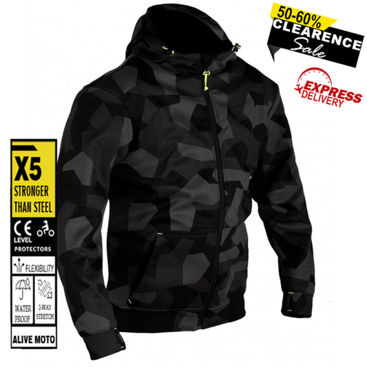 MC Premium Camo Grey Men’s Motorcycle Hoodie – CE Level 2 Certified EN 17092:2020 | Kevlar® Lined, Waterproof & Armored