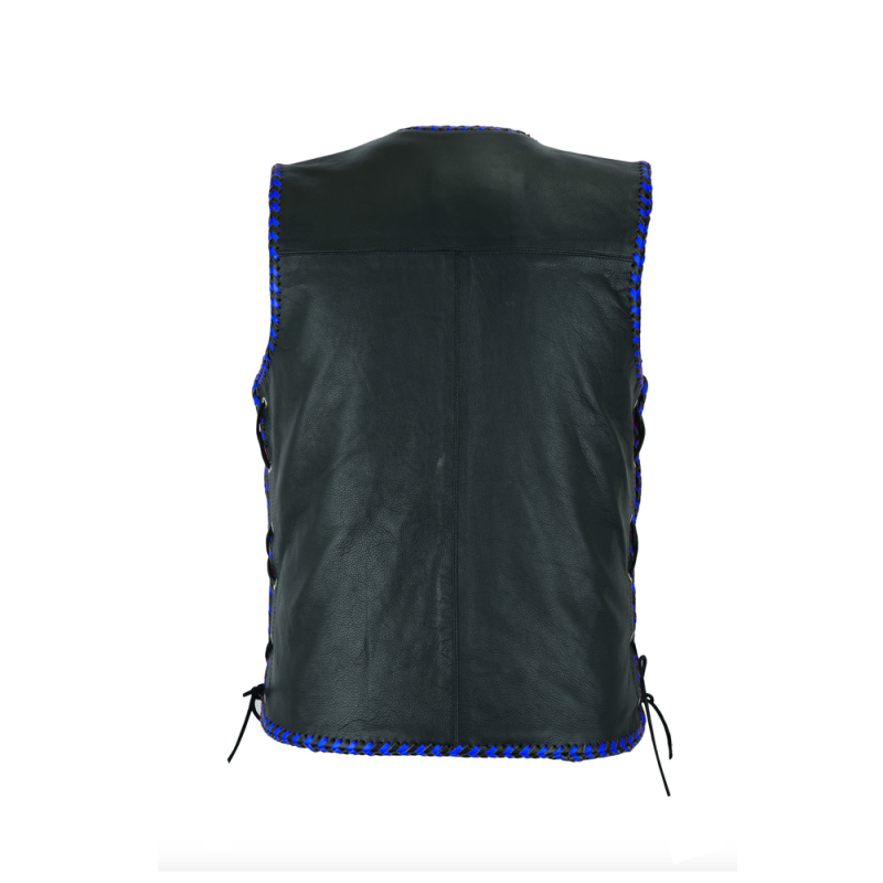 Men's Club Blue Laces Motorcycle leather Vest Cowhide, Patch Ready Back, Ideal for Biker Clubs & Riders