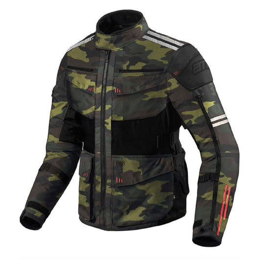 Roadway Dark Camo Forest Motorcycle Touring Jacket  CE Armored, Waterproof, Windproof, 4-Season All-Weather Adventure Gear