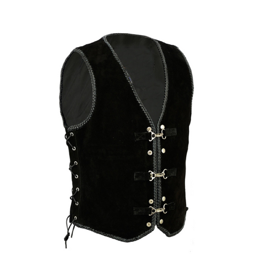 Men's Club Black Motorcycle Leather Vest with Side Laces  Premium Cowhide, Patch Ready Back, Ideal for Biker Clubs & Riders