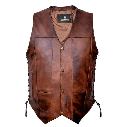 Iron Stallion Vintage Brown Motorcycle Leather Vest  Premium Cowhide, Classic Biker Style with Pockets & Patch-Ready Back